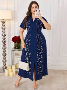 Modelyn Women Plus Size Elegant Embroidered Patchwork Blazer Collar Fitted Long Dress