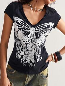 Bohemela Black V-Neck Short-Sleeved Washed Knit T-Shirt For Women - Black - View 6