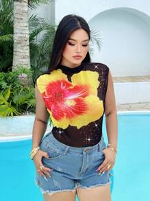 Sunnyshic Plus Size Women's Summer Solid Mesh Fabric High Neck 3D Floral Printed Women's Short Sleeve T-Shirt With Shiny Rhinestones - Black - View 3