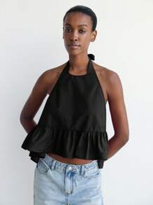 SHEIN Maija Top de mujer de estilo urbano suelto con volantes en el bajo, sin espalda y con cuello halter, versátil para uso casual, de negocios, vacaciones, invitada de boda, sin tirantes - Negro - Ver 6
