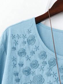 Linhara Plus Size Women Plain Linen-Look Round Neck Embroidered 3/4 Sleeve Casual Shirt - Baby Blue - View 3