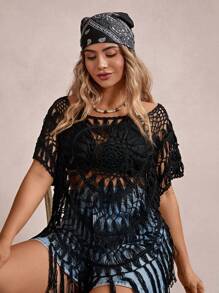 Freevana Áo len dệt kim Boho màu trơn thời trang cỡ lớn cho nữ mùa hè, trang phục phương Tây cho nữ - màu đen - Xem 5