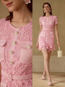 MOTF PREMIUM GUIPURE LACE ZIPPER BACK DRESS - Pink - View 1