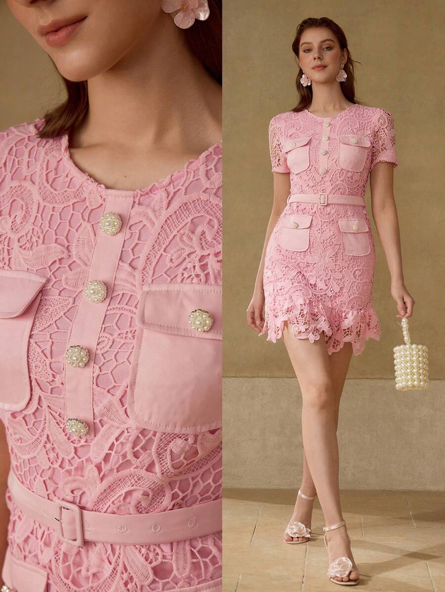 MOTF PREMIUM GUIPURE LACE ZIPPER BACK DRESS - Pink - View 1