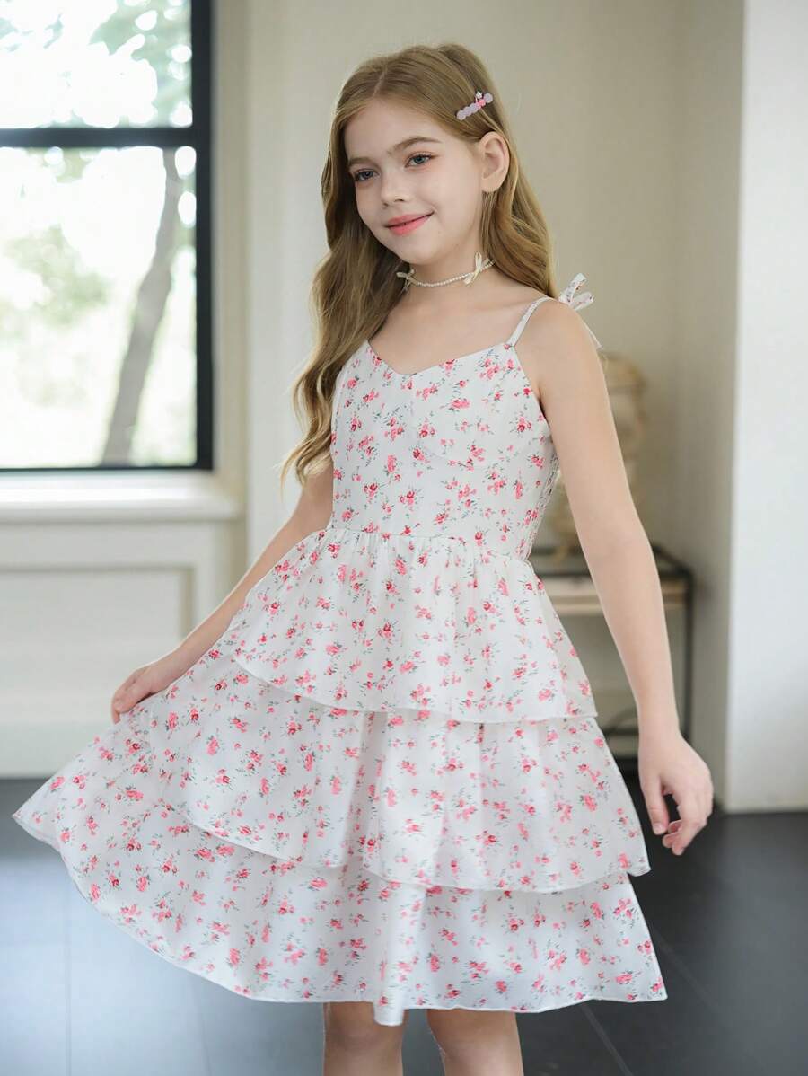 Tween Girls 花卉多层荷叶边吊带连衣裙,蛋糕裙,适合所有季节,非常适合假期和田园风格外出 - 紅色 - 查看 1