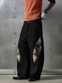 NEON BLANC 男式街头风格长款梭织牛仔裤，饰有串珠刺绣花卉图案