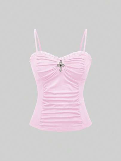 Gothic Cross Pendant Lace Patchwork Ruched Tight Fit Women Tank Top