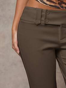 SHEIN BAE 女士纯色休闲时尚外出百搭休闲老款风格口袋宽腰带简约通勤办公室低腰宽松喇叭腿长裤，冬季女裤，秋季女装，工作服，复古风格，秋冬裤，低腰裤，羊毛裤，正装裤，休闲裤 - 咖啡棕 - 查看 8