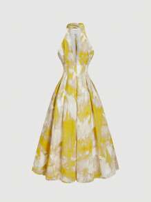 SHEIN MOD 扎染立领蝴蝶结修身中长连衣裙 - 黃色 - 查看 2