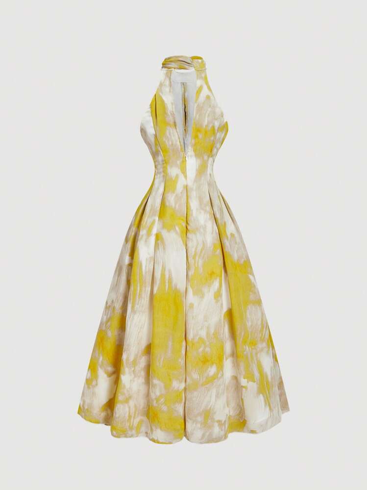 SHEIN MOD فستان متوسط الطول، ضيق، ياقة وقف، بعقدة فراشة، بطبعات رباعية اللون - أصفر - مشاهدة 2