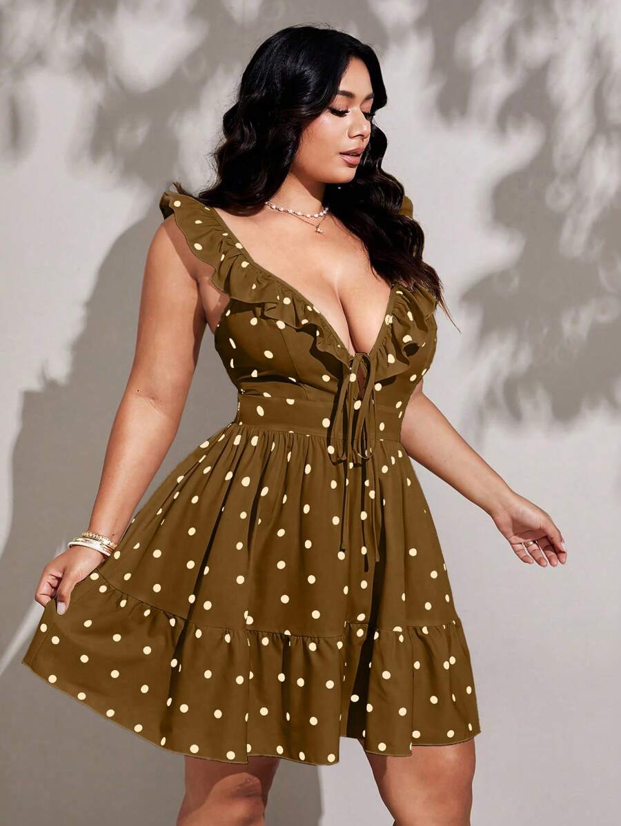 Viva Relle Plus Size Women's Woven Polka Dot Deep V Neck Ruffle Hem Sexy Elegant Romantic Bowknot Dress - Mocha Brown - View 1