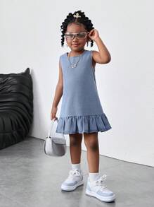 小女孩蓝色牛仔无袖短款荷叶边连衣裙，女童春夏休闲度假乡村波西米亚风装，女童沙滩装，女童西部街头装，春假装，狂欢装节日牛仔连衣裙 - 淺色水洗藍 - 查看 7