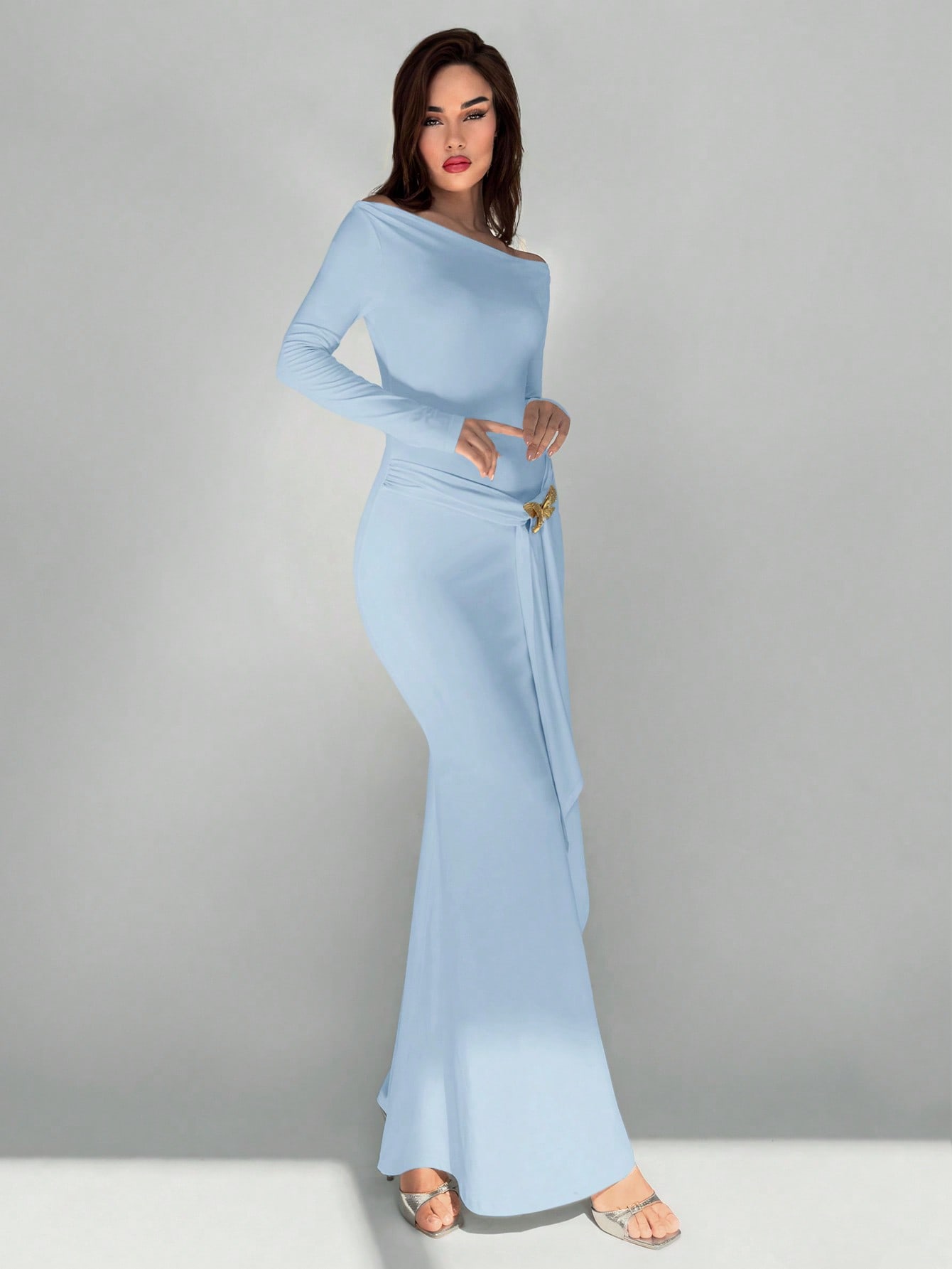 Aloruh فستان طويل أنيق للنساء مزين بفيونكة معدنية...