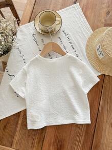 LMoss Kids LMoss Baby Girl Solid Color Knit Round Neck Loose Casual Top Baby Tops Toddler Tops Toddler Summer Tops Baby Girl Summer Top Baby Girl Top - White - View 2