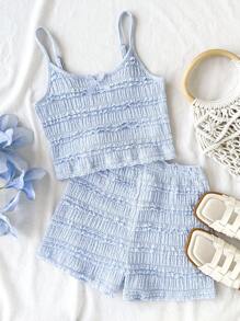 SHEIN Tween Girl Casual & Fashionable Intarsia Ruffle Trim Fitted Camisole & Shorts Set, Back To School - Baby Blue - View 3