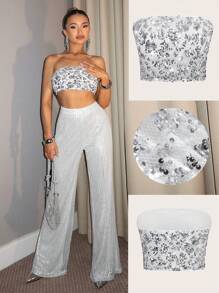 Glamine Áo crop top sequin lấp lánh cho nữ, phong cách Y2K, lễ hội âm nhạc - Bạc - Xem 3