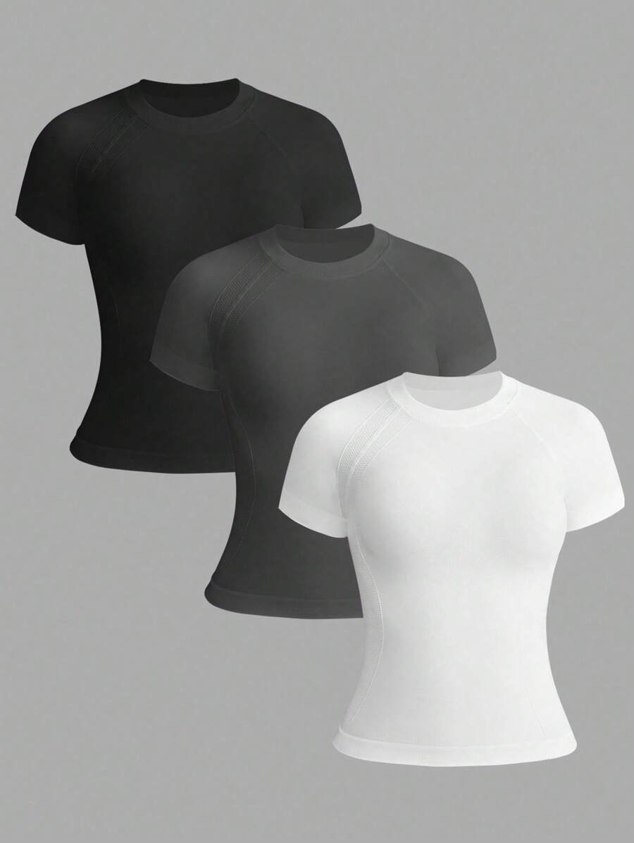 SHEIN 3pcs Seamless Leisure Solid Raglan Sleeve Sports Tee Fitted Shirt - Multicolor - View 1