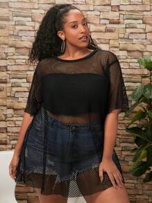 SHEIN CURVE+ CURVE PLUS 透明网眼罩衫（不含比基尼）夏季/乡村/海滩度假装/沙滩装/沙滩装 - 黑色 - 查看 5