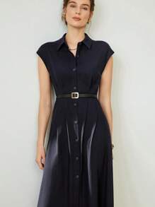 Uhlyne Rochie elegantă de înaltă calitate, stilată, de culoare solidă, casual, cu nasturi, design confortabil și elegant pentru rochie de vacanță din lenjerie, rochie fără mâneci - Albastru marin - Vizualizare 8