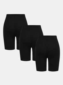 SHEIN Girlism 3 pezzi Leggings aderenti corti casual in maglia nera per ragazze adolescenti, adatti per tutte le stagioni, leggings aderenti per equitazione e sport, leggings versatili di media lunghezza, confezione da 3 leggings a pantaloncino in tinta unita
