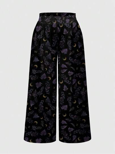 Goth Pantalon ample à jambes larges avec imprimé feuilles tout-sur-tout, esthétique sombre inspirée de la nature en grande taille