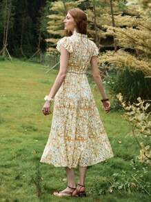 Florisole 女式夏季波西米亚纹理印花系带蝴蝶结V领荷叶边袖连衣裙 - 黃色 - 查看 2