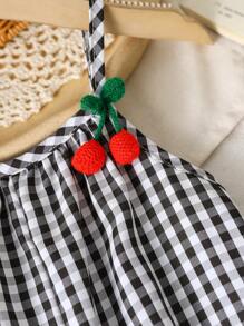 SHEIN Vintaside Kids Baby Girls' Summer Casual Classic Woven Black & White Gingham Jumpsuit With Cherry Decor - Black and White - View 8