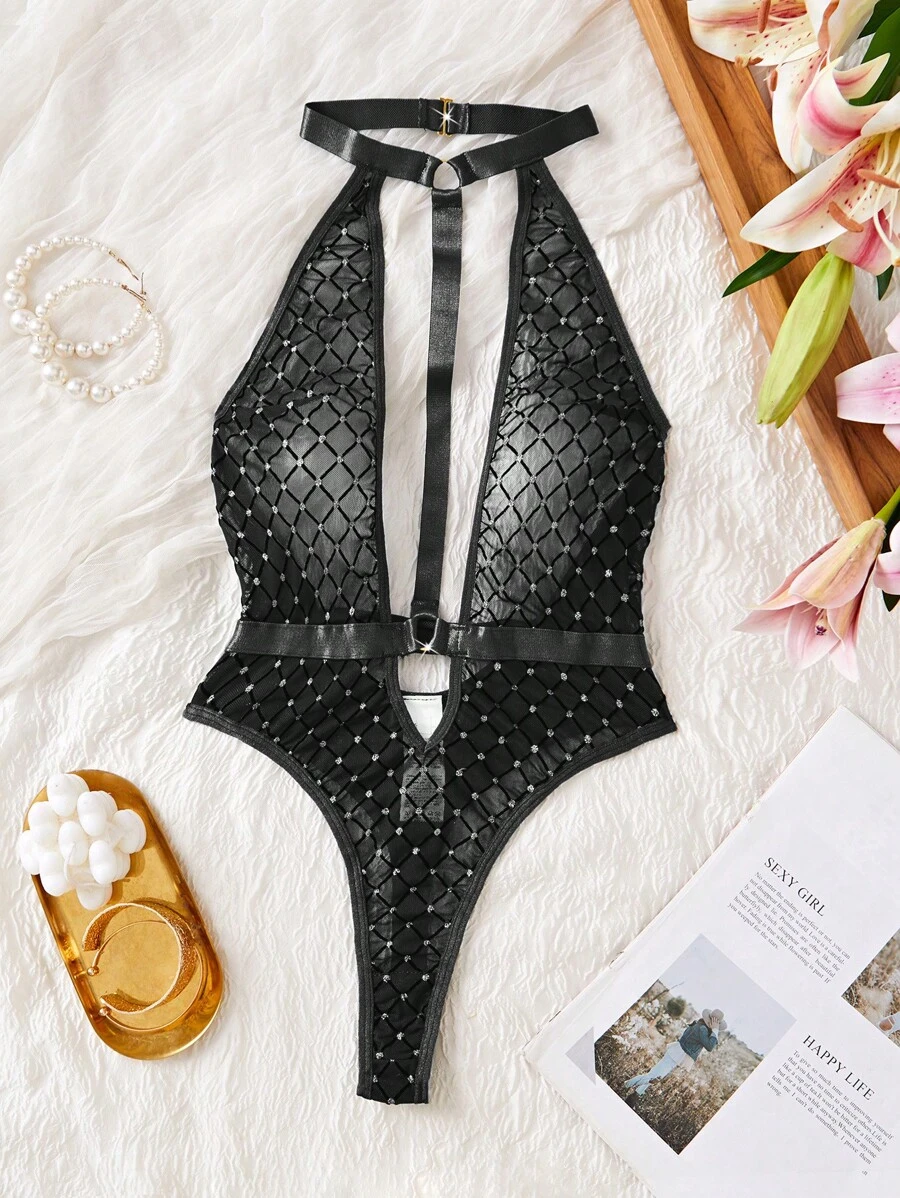 1 件女士性感水钻露背连体衣，外出必备 - 黑色 - 查看 1