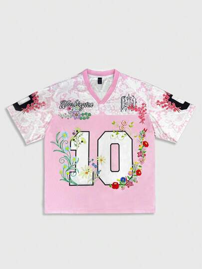 Prep Men's V-Neck Short Sleeve Digits Print Jersey Casual Summer Patchwork Polo Shirt