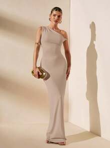 SHEIN BAE Vestido blanco puro con cuello asimétrico sexy, ajustado, con espalda retorcida, elegante, para vacaciones, dama de honor, fiesta de cumpleaños, graduación