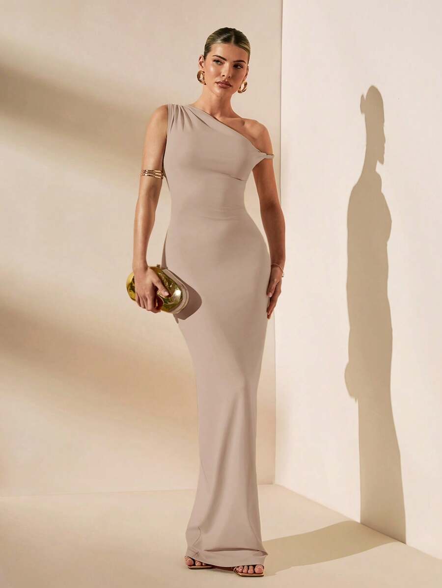 SHEIN BAE Vestido blanco puro con cuello asimétrico sexy, ajustado, con espalda retorcida, elegante, para vacaciones, dama de honor, fiesta de cumpleaños, graduación