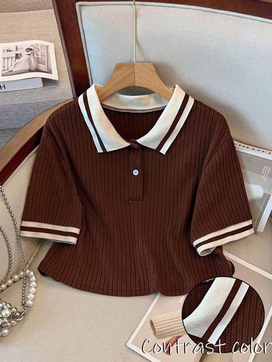 GlowEve CURVE Plus Size Bestselling Contrast Color Polo Collar Casual Summer Knit T-Shirt