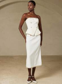 GENKIRA Women's Elegant Textured Bustier With Faux Pearl Buttons, Fitted - Beige - View 2
