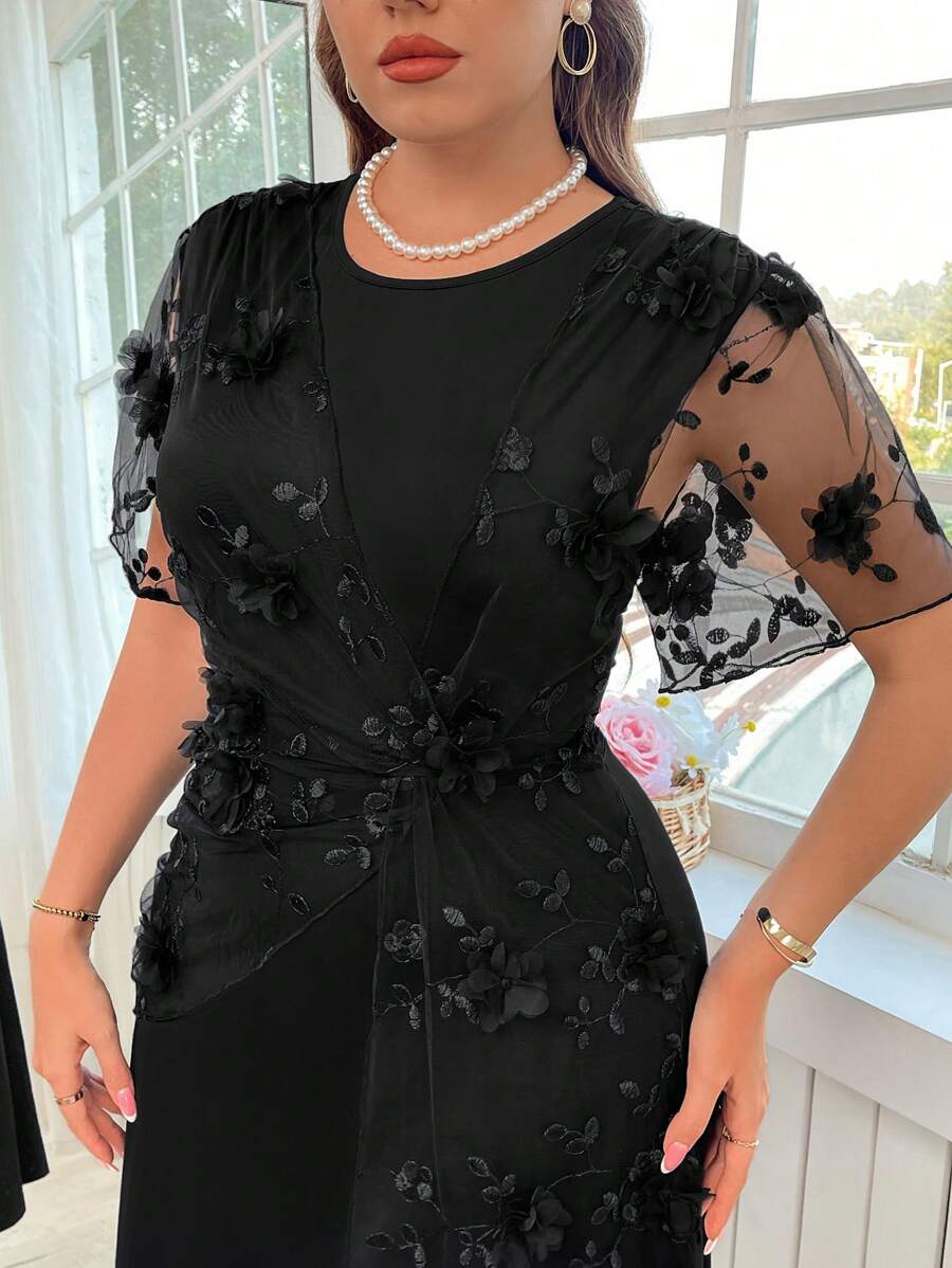 SHEIN Clasi 大码女式时尚浪漫优雅扭结圆领连衣裙 - 黑色 - 查看 1