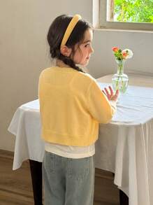 LMoss Kids LMoss Young Girls Plain Knit Crew Neck Yellow Cardigan,Fall Sweaters, Fall Stitich Winter - Yellow - View 2