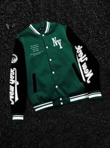 Manfinity LEGND 男士撞色字母印花前扣长袖夹克外套男士校队夹克棒球夹克街头风夹克纽约夹克，绿色校队夹克，校队夹克飞行员夹克，男士夹克街头风，秋季 - 彩色 - 查看 3