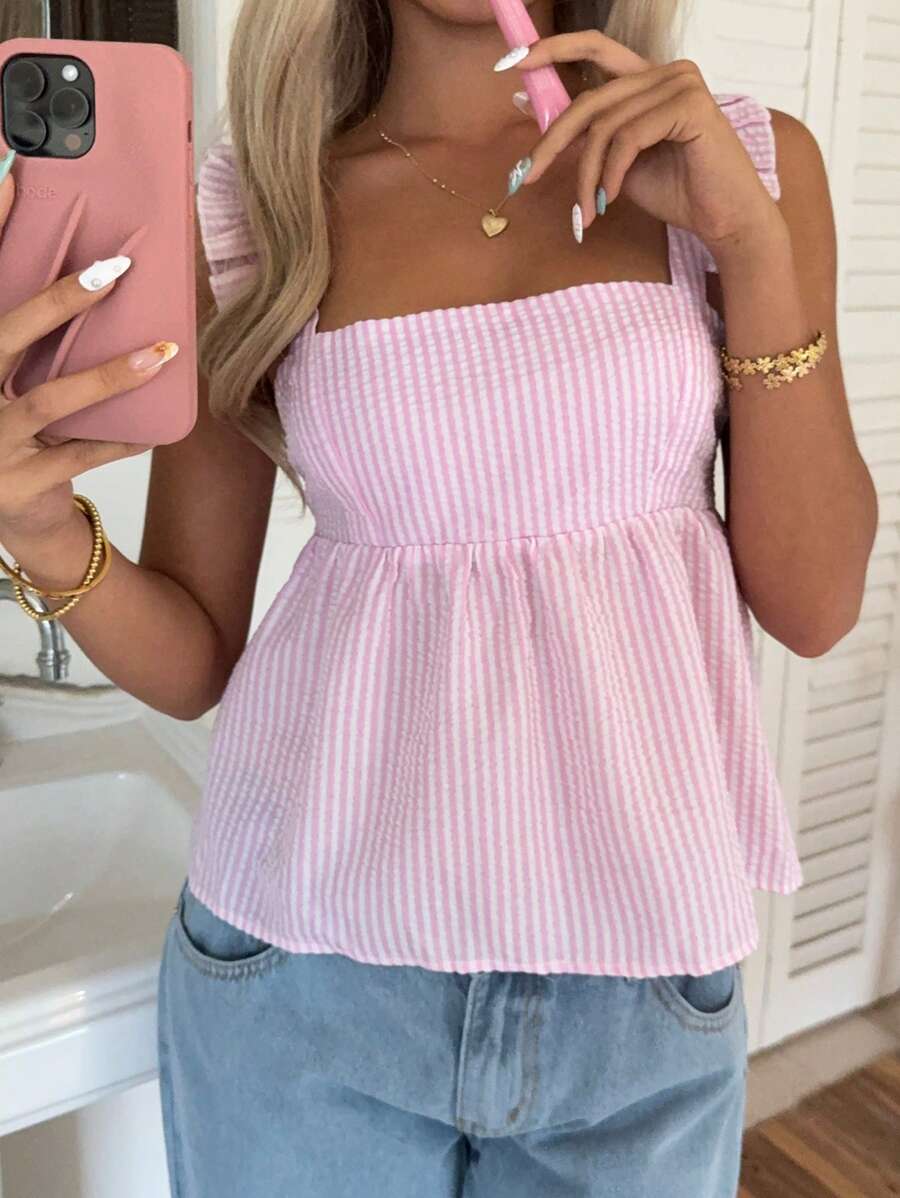SHEIN EZwear Blusa sin espalda y sin mangas con volantes y lazo delantero a cuadros rosas - Rosa - Ver 1