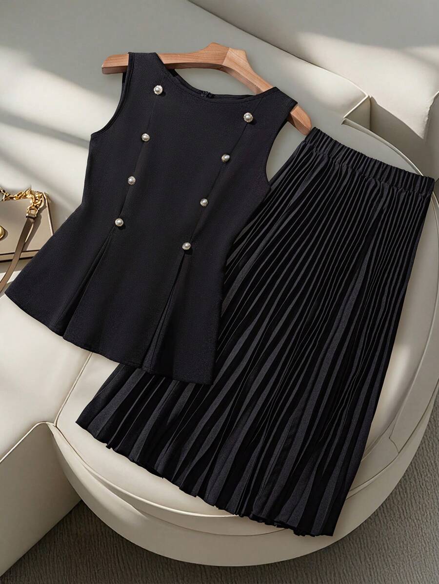Modelyn Damen Sommer Neu Rundhals ärmellos Slim Fit taillengegürtetes Top und plissierter Maxirock 2-teiliges Set - Schwarz - Übersicht 1