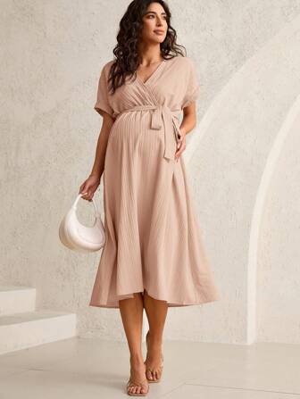 MaterniWear Maternity Solid Color Casual Short Sleeve Dress