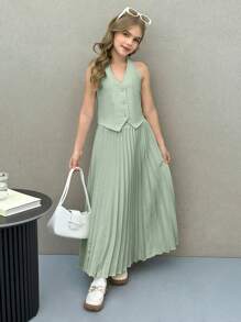 Firerie Kids Firerie Kids Conjunto informal para niña preadolescente Nova Glow compuesto por una chaqueta corta sin mangas de unicolor emparejada con una falda larga plisada de cintura alta, atuendo de uso diario