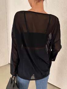 DAZY Solid Drop Shoulder Sheer Mesh Top Without Bra,Ladies Casual Drop Shoulder Round Neck Regular Fit Black Plain Women Tops,Spring/Fall,Party/Nightclub Outfits Going Out Tops Festival Long Sleeve Women Tops - Black - View 2