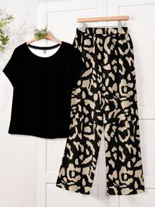 EMERY ROSE 2pcs/Set Women Plus Size Leopard Print T-Shirt And Pants, For Vacation,Two Piece Set Women - Multicolor - View 1