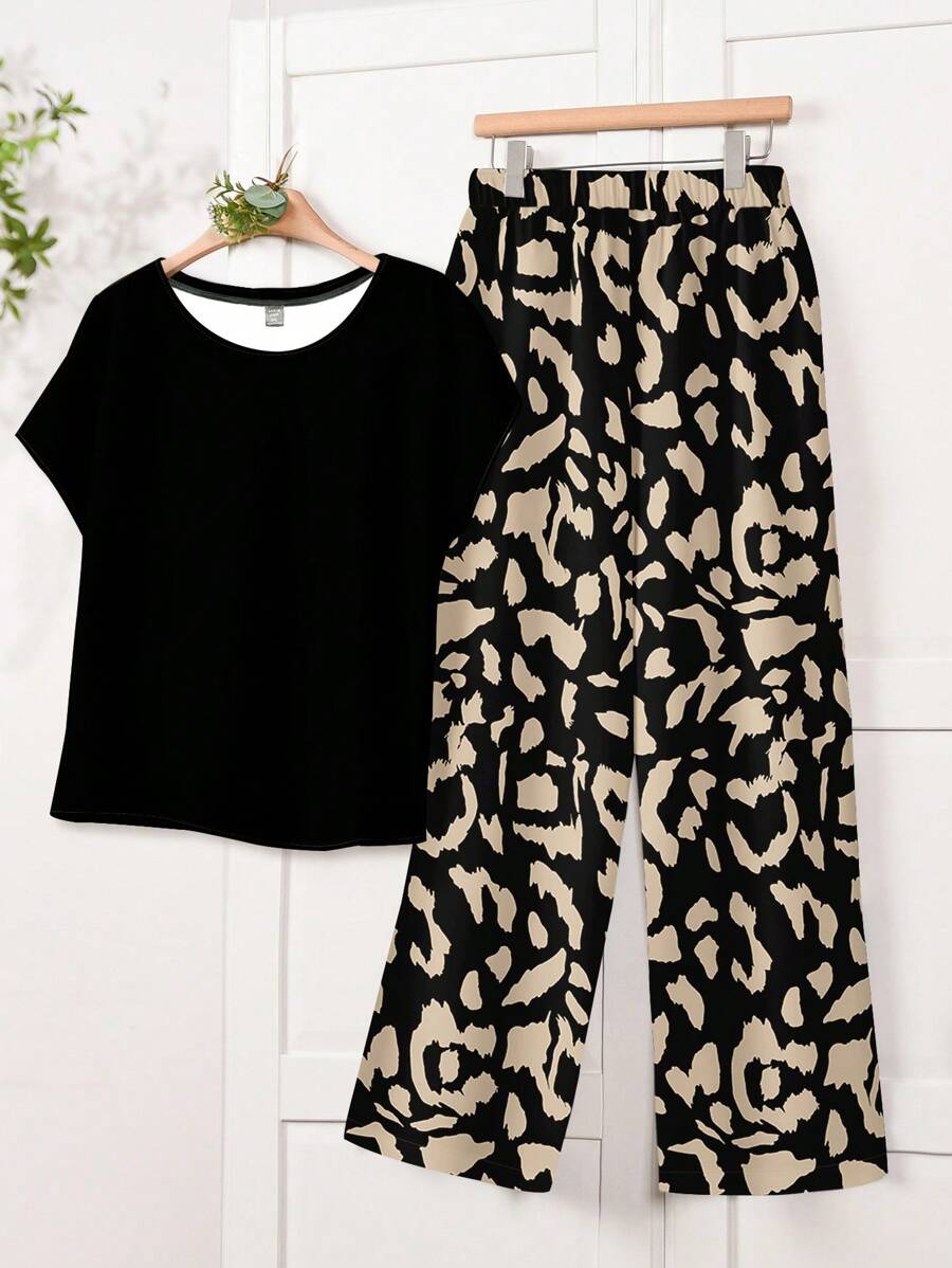 EMERY ROSE 2pcs/Set Women Plus Size Leopard Print T-Shirt And Pants, For Vacation,Two Piece Set Women - Multicolor - View 1
