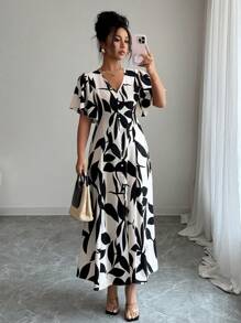 Elenzga Women's Apricot Color Block Printed V-Neck Short Sleeve Waist-Cinched Elegant Casual Vacation Maxi Dress With Unique Design - Apricot - View 1