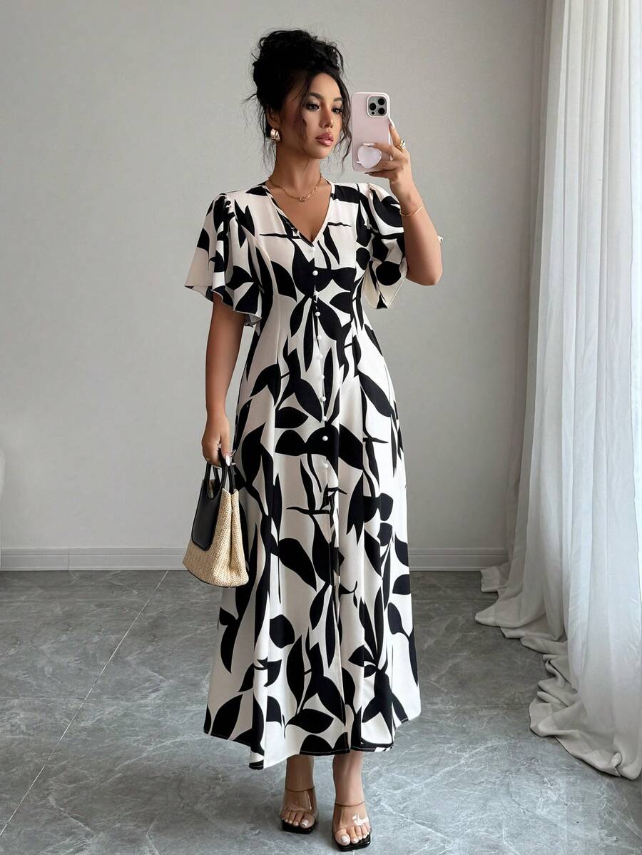 Elenzga Women's Apricot Color Block Printed V-Neck Short Sleeve Waist-Cinched Elegant Casual Vacation Maxi Dress With Unique Design - Apricot - View 1