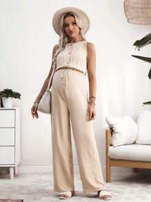 SHEIN Maternity Jumpsuit With Round Neck, Front Button, Drawstring Waistband, Dramatic Ruffle Back - Apricot - View 4