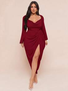 SHEIN BAE 大码女式优雅派对约会性感闪光亮片垂坠领褶饰不对称下摆开衩长袖连衣裙，豌豆绿，婚礼宾客礼服女式 - 酒紅色 - 查看 4