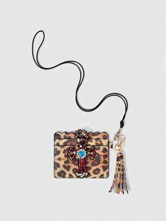 Grunge Punk 1 pezzo Portamonete/portachiavi a croce artigianale con borchie e stampa leopardata, ciondolo alla moda