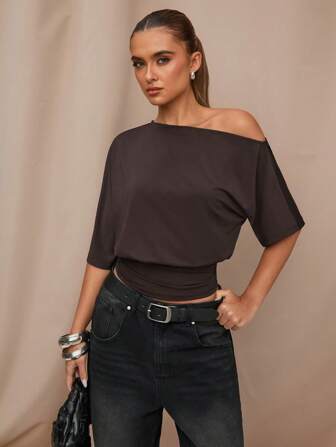 SHEIN BAE Casual Asymmetrical Asymmetrical Shoulder Black T-Shirt, Versatile For Daily Wear, Dates, Afternoon Tea, Gatherings With Friends, Suitable For Various Occasions