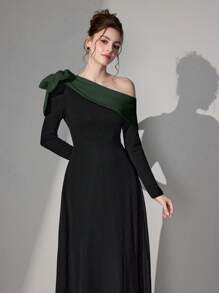 Poshira Đầm dạ hội cổ lệch màu thanh lịch - Màu xanh lá cây đậm - Xem 6